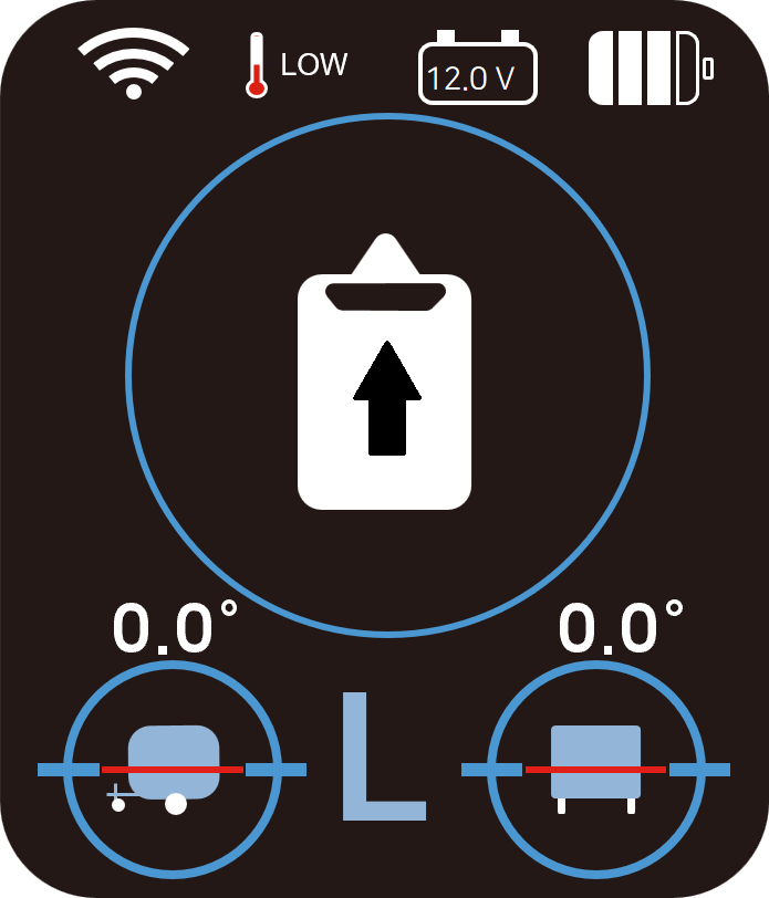 Example colour display showing voltage, side-to-side tilt (roll) and front-to-back tilt (pitch)